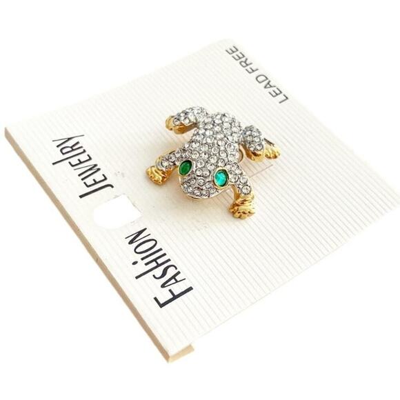 NWT Gold Plated Clear Crystal Bedazzled Frog Brooch - Picture 1 of 2